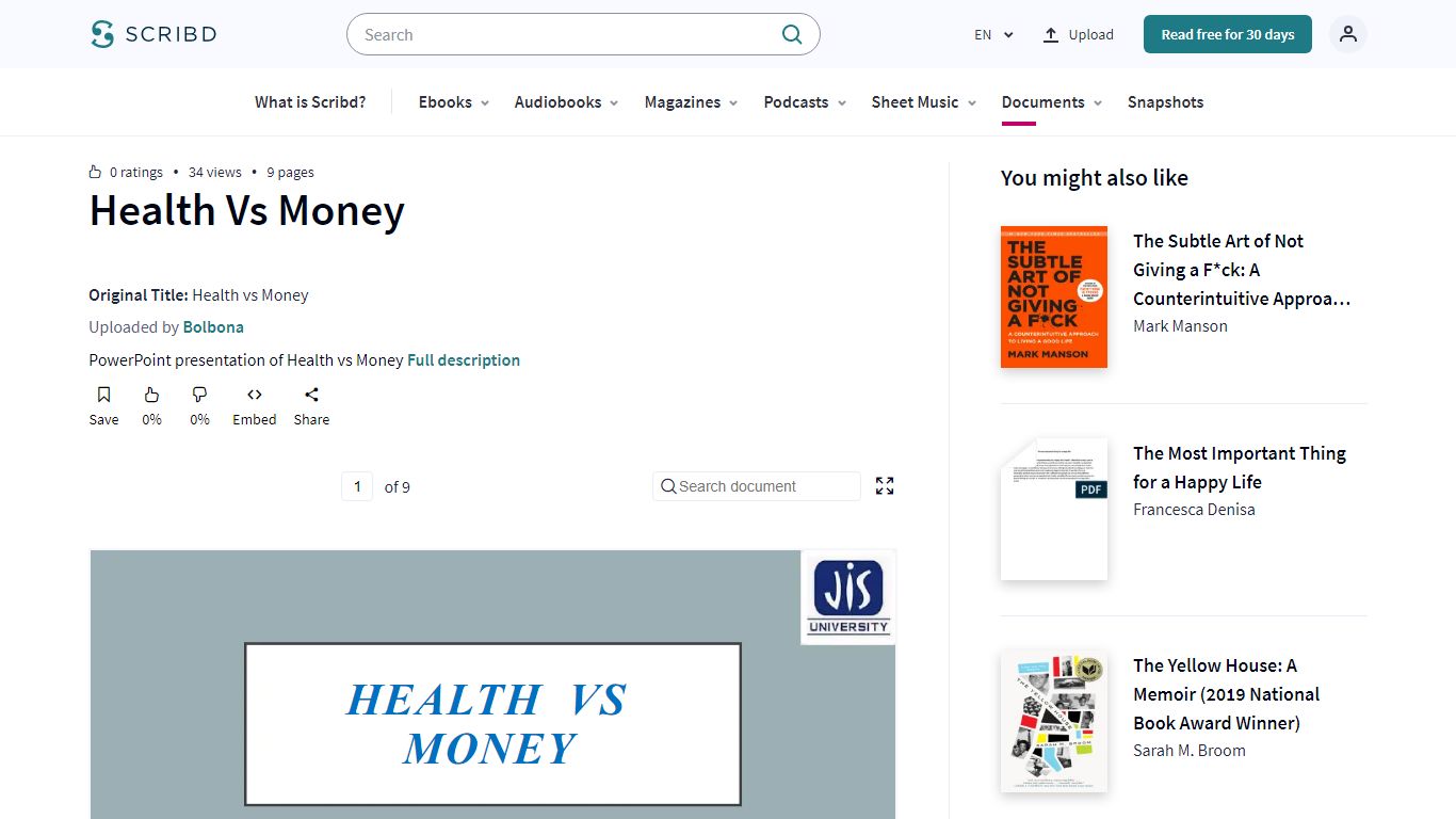 Health Vs Money | PDF